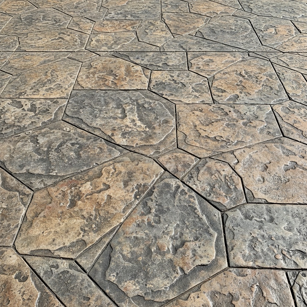 Pavimento de hormigón impreso con un patrón de piedras irregulares en tonos grises y marrones.