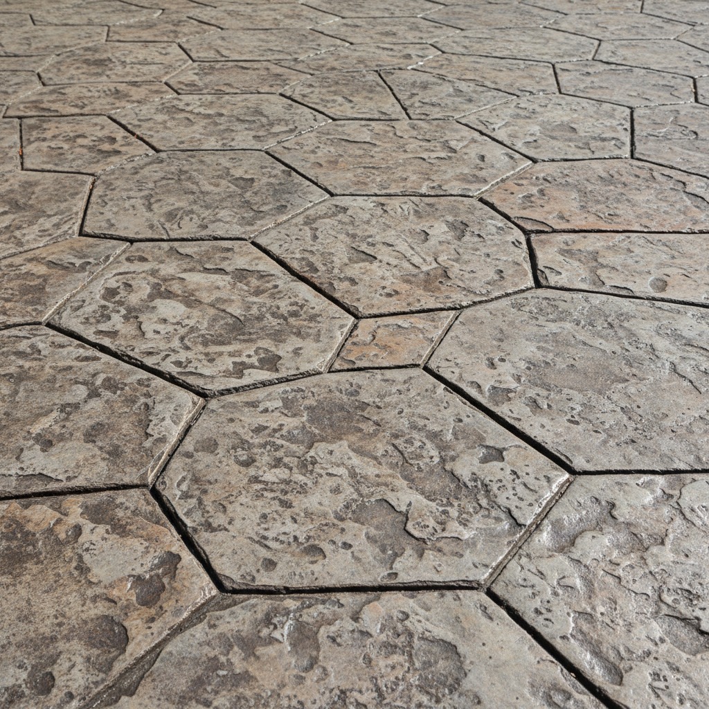 Pavimento de hormigón impreso con un patrón de losas hexagonales de textura rugosa y tonos grises.