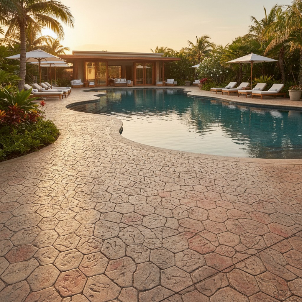 Piscina rodeada de tumbonas y sombrillas en una terraza de piedra con palmeras al atardecer.