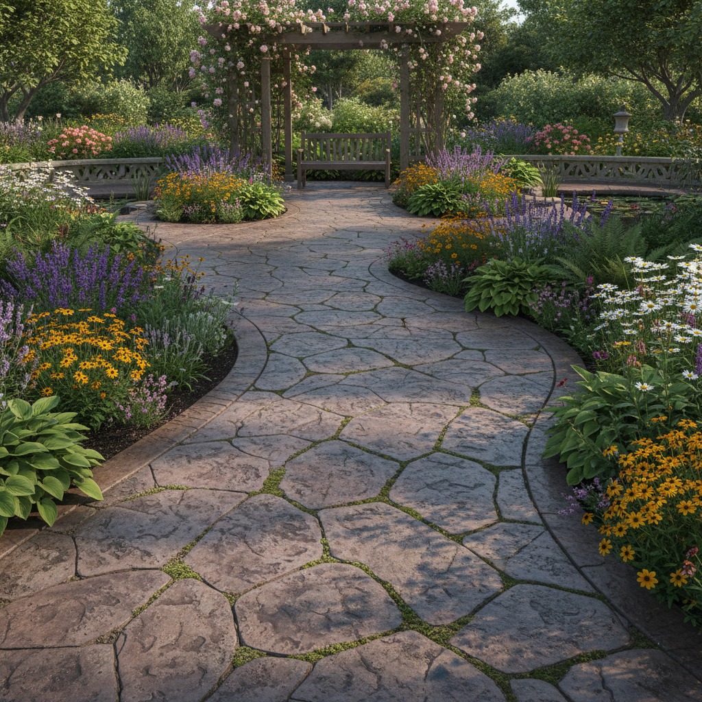 Un camino de piedra serpentea a través de un jardín lleno de flores coloridas hacia un banco de madera situado bajo una pérgola cubierta de rosas.