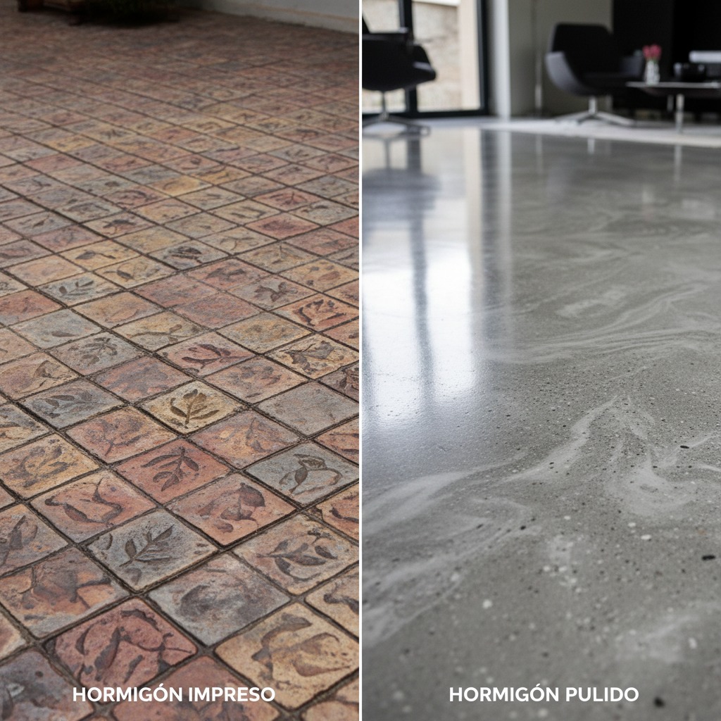 Comparativa visual entre un suelo de hormigón impreso con textura de baldosas y un suelo de hormigón pulido con acabado brillante.